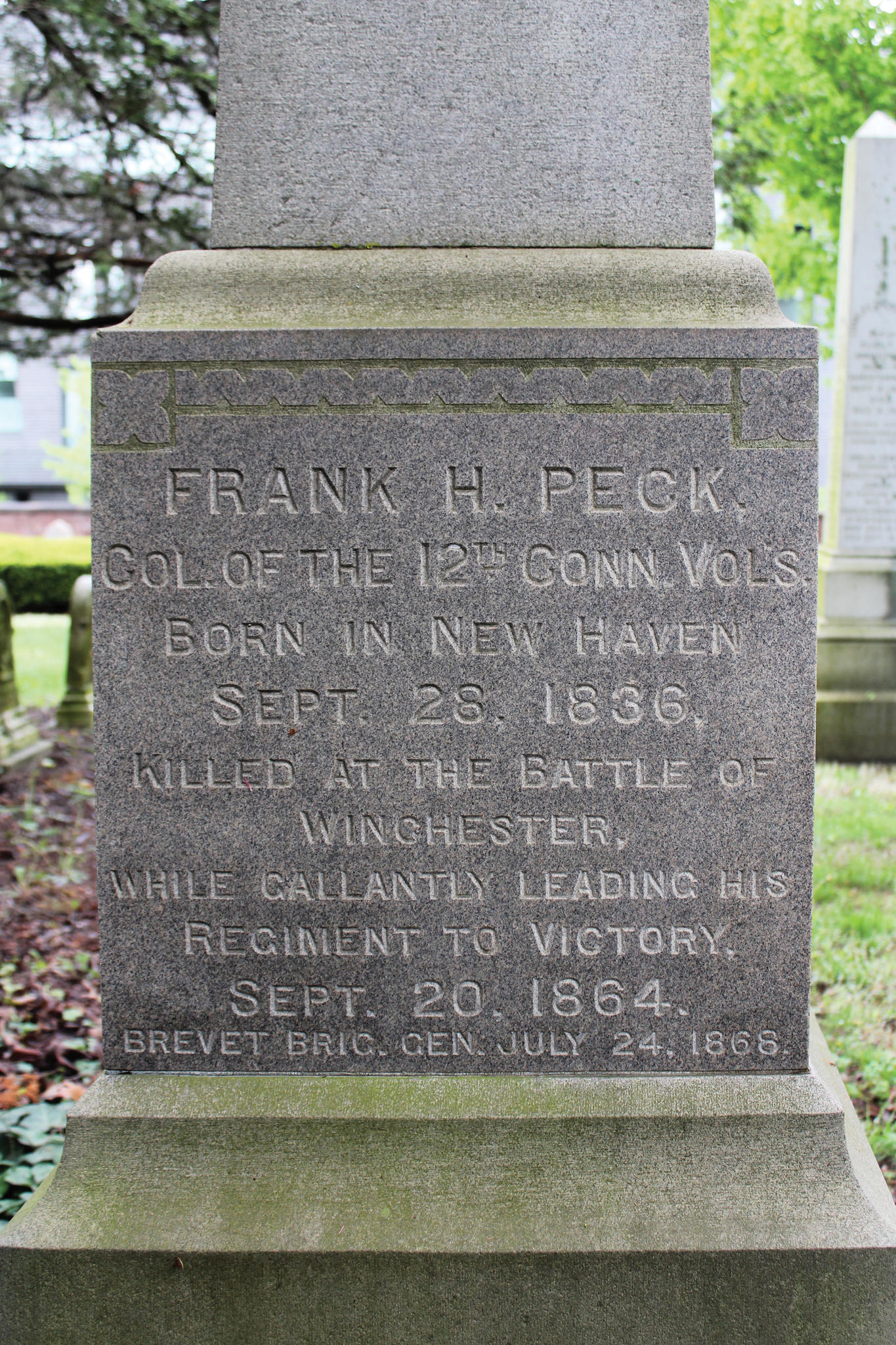 <span><span style="background-color:transparent">Born in New Haven and graduated from Yale in 1856. He was appointed a major in the 12th Connecticut Volunteer Infantry and rose to Colonel. Peck was killed in action at the Third Battle of Winchester on September 19, 1864. He was posthumously breveted to Brigadier General of U.S. Volunteers for “conspicuous gallantry at Winchester, Virginia.”</span></span><span><span style="background-color:transparent">Location: 77 Cedar</span></span> 